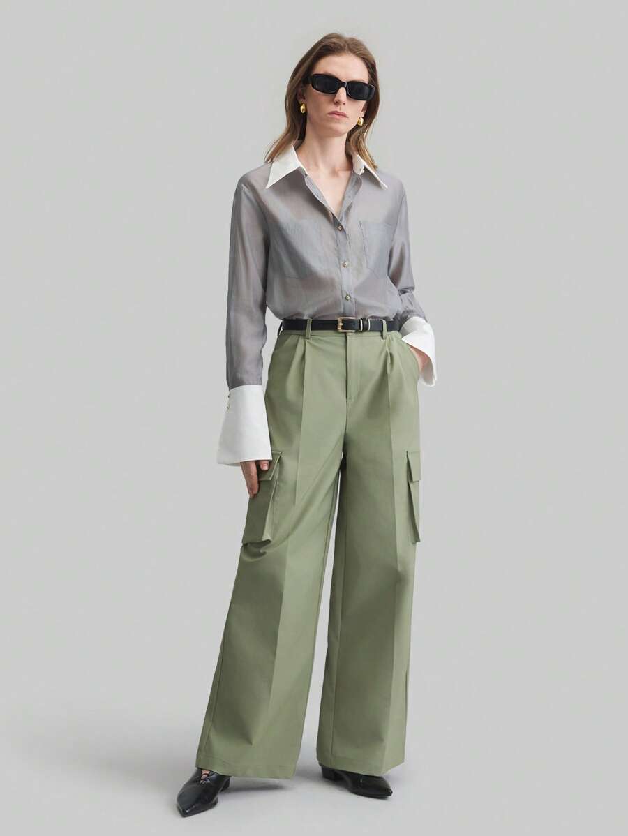 Ontre 复古风格休闲户外牛油果绿色女式直筒裤，带 3D 口袋，都市春夏长裤 - 綠色 - 查看 1