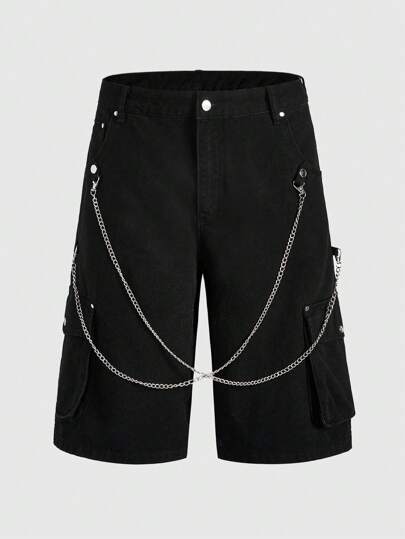 Grunge Punk Jeans casuales de pierna ancha con bolsillo utilitario para hombre, de largo 7/8