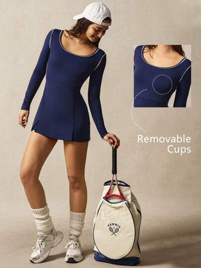 VARSITIE 方领长袖拼色开衩下摆修身迷你运动休闲连衣裙