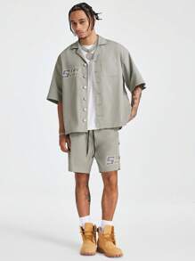 AXEPEAK Men's Letter Graphic Loose Woven Short Sleeve Baggy Shirt & Shorts Set, Streetwear Casual - Grey - View 2