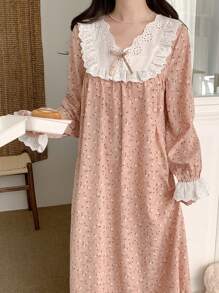 SHEIN Teen Girls Minimalist Ditsy Floral Lace Trim V-Neck Long Sleeve Loose Casual Sweet Nightgown, Suitable For High School And College Girls, Ditsy Floral Long Sleeve Dress For Home, Vacation, And Leisure - Dusty Pink - View 5