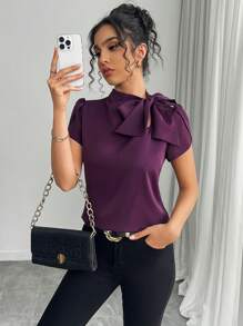 Rafferiza Áo cánh tay loe thắt nơ màu trơn đơn giản, dễ mặc cho nữ, mùa xuân/hè - Màu tím - Xem 6