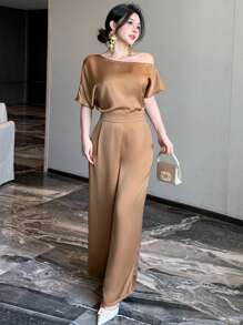 DAZY 夏季新款高端轻盈奢华女士连体裤，复古优雅晚礼服连体裤 - 棕色 - 查看 4