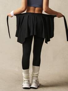 VARSITIE Damskie, jednokolorowe, patchworkowe, falbaniaste legginsy 2 w 1, swobodne, fitnessowe
