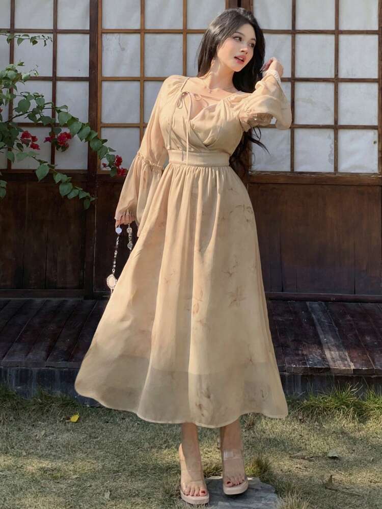 New Spring Floral Print Waist Cinching Sundress, Muse Style With Bowknot Straps, Flowy Design Long Dress For Women, Valentine's Day