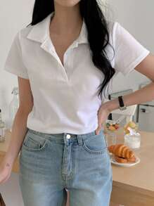 DAZY 新款西式宽松休闲翻领女式T恤，春夏季，商务休闲女装 - 白色 - 查看 7