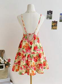 Soleia 女士彩色热带花卉印花休闲迷你连衣裙，无袖露背系带背心裙，适合度假、夏季野餐、浪漫漫步、春季