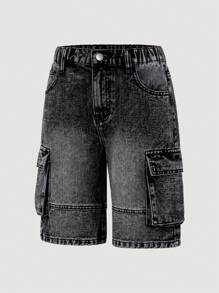 Tween Boy' New Casual Fashion Washed Black Denim Cargo Shorts, School, Campus, College Summer Holiday - Black - View 1