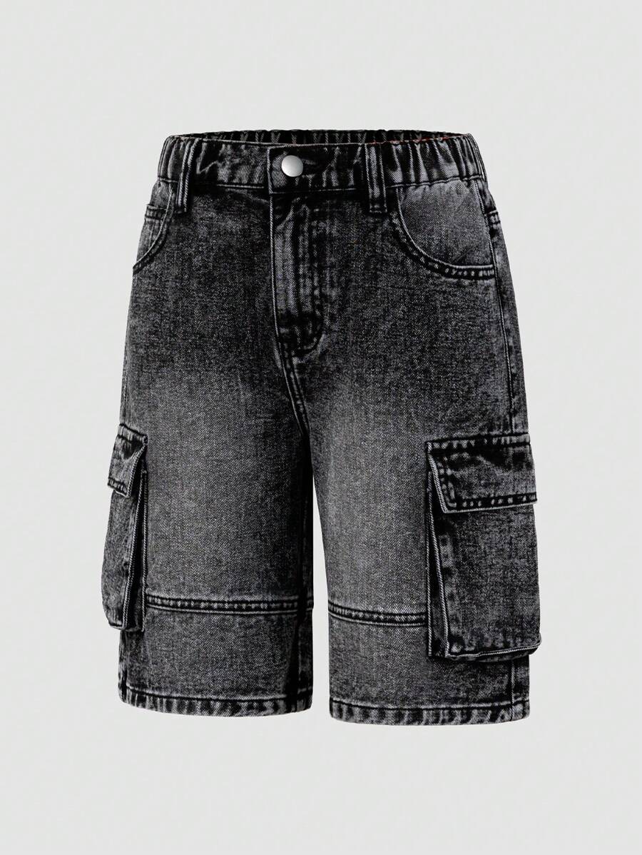Tween Boy' New Casual Fashion Washed Black Denim Cargo Shorts, School, Campus, College Summer Holiday - Black - View 1