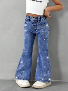 Young Girl Distressed Rhinestone Embellished Flared Washed Denim Jeans - Medium Wash - View 3