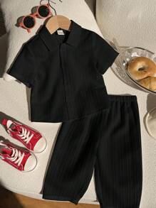 SHEIN Baby Boy/Girl 2pcs Set: Solid Color Textured Fabric Polo Collar Short Sleeve Top And Elastic Waist Long Pants, Casual & Versatile For Spring, Summer, Autumn, Suitable For Home, Outings, School, Sports - Black - View 3