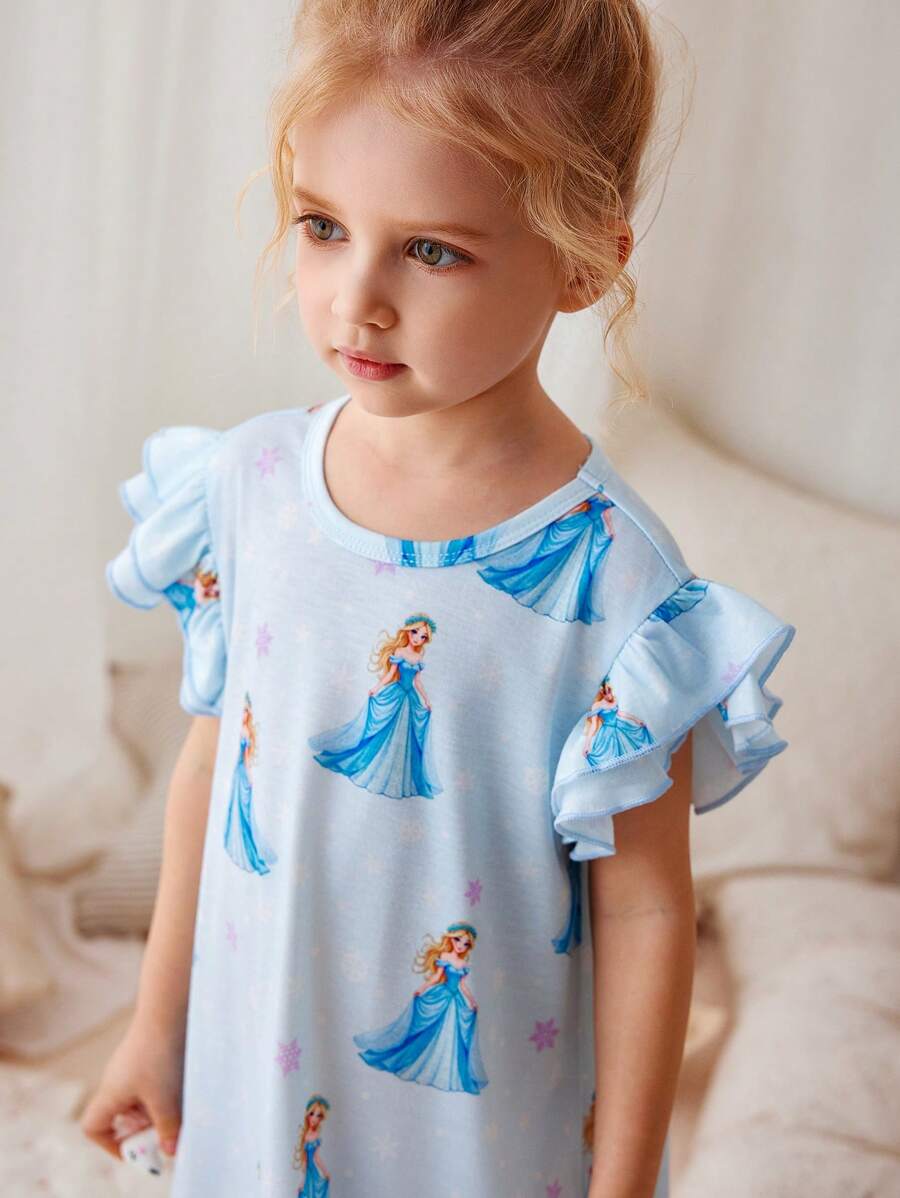 Jong meisje' Elegante Casual Schattige Blauwe Prinses Meisje Sneeuwvlok Ruffle Trim Lange Mouw Nachthemd Loungewear