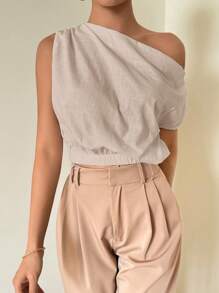 Firerie 女士不对称露肩宽松无袖竹纤维亚麻衬衫，优雅适合度假和日常穿着 - 杏色 - 查看 4