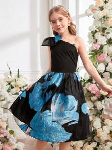 女童无袖黑色蝴蝶提花优雅蓝色卢勒克斯连衣裙 - 黑色 - 查看 3