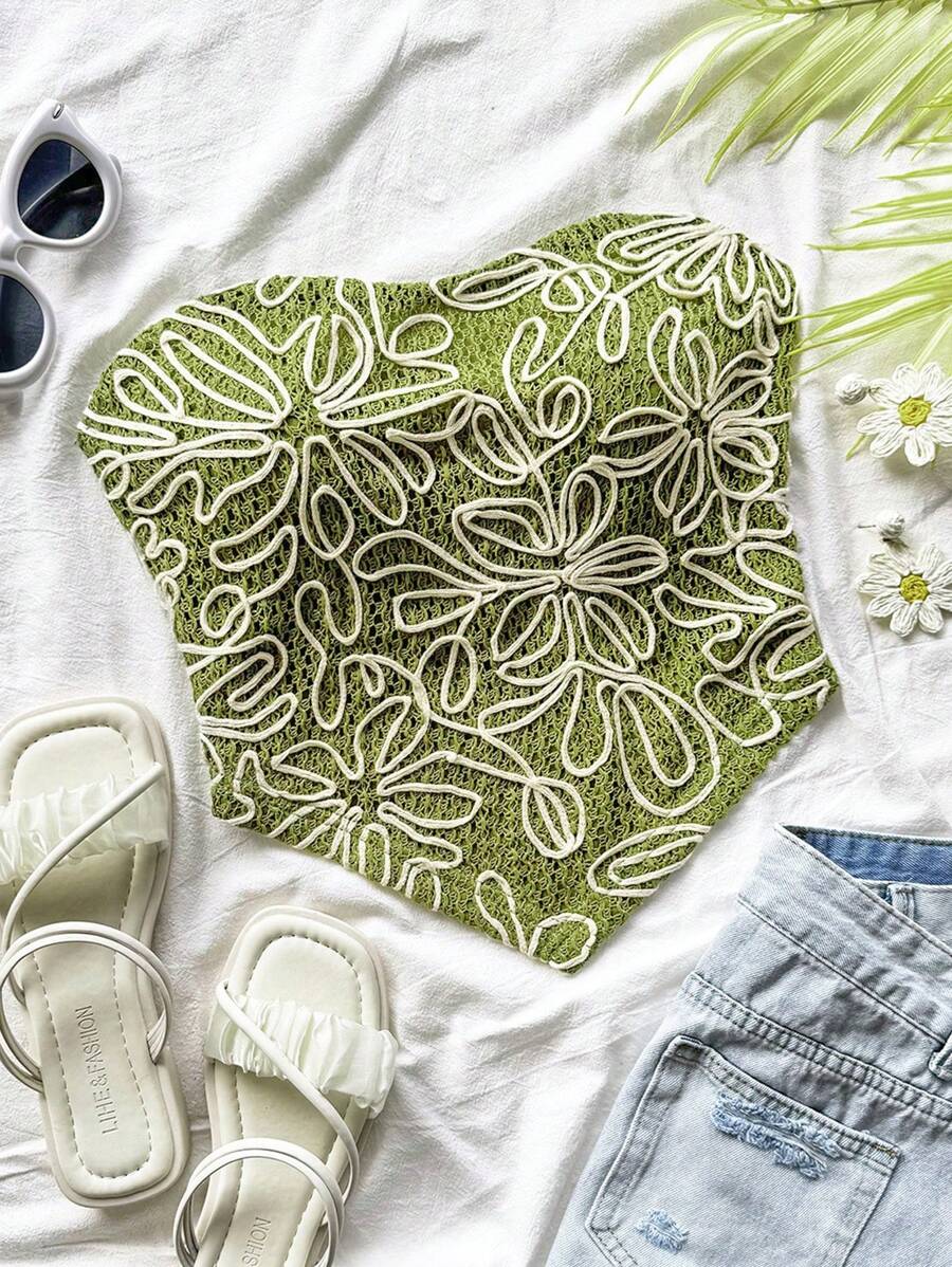 Soleia Women's Moss Green Jacquard Knit Embroidered Floral Cropped Camisole Top, Vacation Style,Valentine's Day,Vacation Outfits Woman,Summer Outfits For Women,Mardi Gras,Corset Tops For Women,Wedding Top - Green - View 1