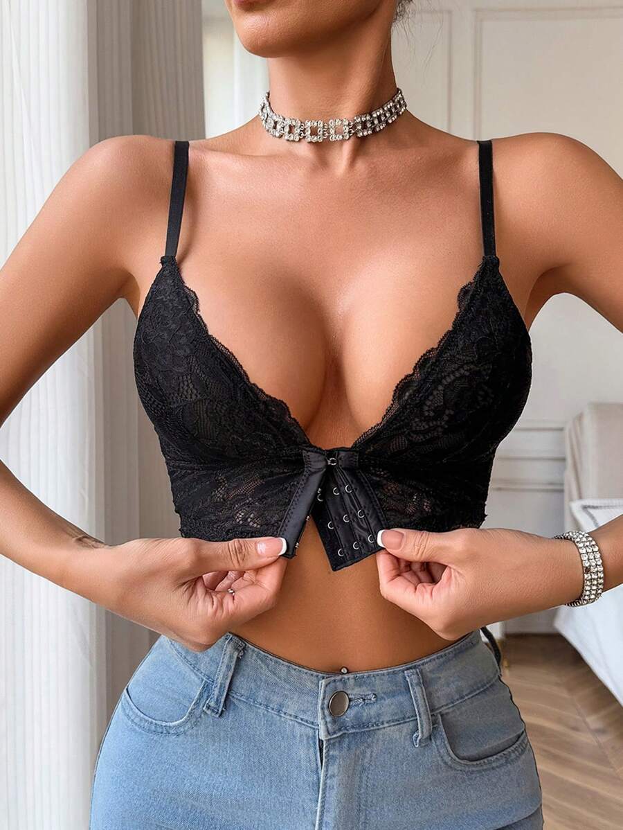 女士蕾丝前扣内衣文胸，简约时尚休闲日常穿着 - 黑色 - 查看 1