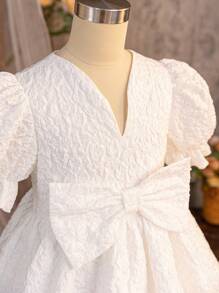 SHEIN Tween Girl Elegant V-Neck Jacquard Textured V-Neck Puff Sleeve Ruffle Hem Mesh Panel Dress In White, Suitable For Party, Gathering, Wedding, Flower Girl - White - View 7