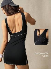 VARSITIE Round Neck Backless Contrast Binding Black Slim Fit Women Active Athletic Dress
