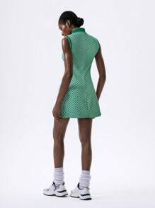 VARSITIE Retro Old Money Jacquard Turtleneck Sleeveless Zipper Slim Mini Dress Women Active Dresses - Green - View 2