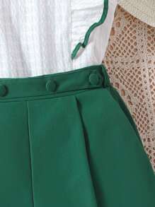 3pcs Tween Girls Textured Fabric Frill Trim Sleeveless Blouse With Green Shorts, Summer Vacation Outfit With Bonus Sun Hat - White - View 3