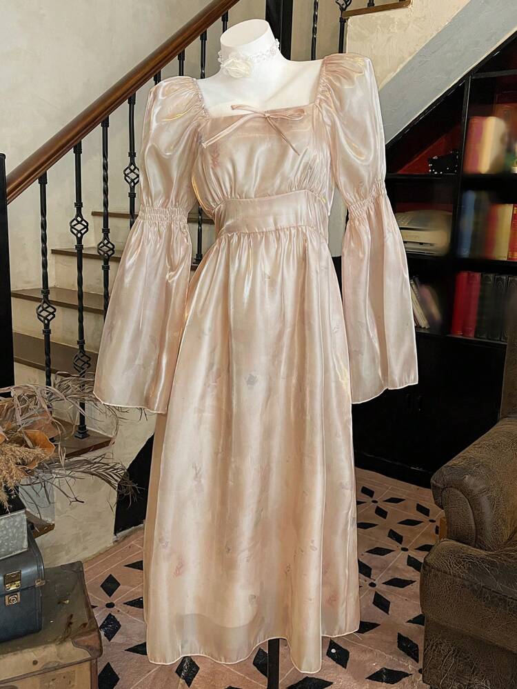 Spring New Ditsy Floral High Waist Sundress With Bowknot, Vacation Style Dress For Women Elegant,Ruffle