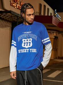 PAVTROS Manfinity Streetrush Manfinity Streetrush Men's Letter Print Round Neck Sports Mesh 2 In 1 Sweatshirt,Boyfriend Gifts - Blue - View 3