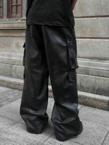 PAVTROS Manfinity Streetrush Fashionable Dark-Tone Multi-Pocket Cargo Straight Leg Casual Drawstring PU Leather Wide Leg Pants,Leather Pants,Boyfriend Gifts, Black Baggy Pants Men, Streetwear Pants, Cargo Pants Men Baggy, Baggy Clothes For Men - Black - View 6