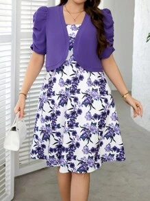 SHEIN Clasi 2pcs/Set Plus Size Elegant Printed Jacket + Dress Set, Women Elegant Dress Vacation Two Pieces Set, Women Two Pieces Set, Women Two Pieces Outfit, Women Summer Outfit, Two Pieces Summer Set - Multicolor - View 4