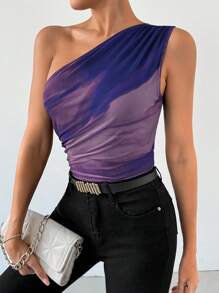SHEIN Privé One Shoulder Random Tie-Dye Slim Fit Bodysuit - Purple - View 4