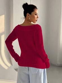 SHEIN Unity Suéter de manga larga de un solo color con cuello asimétrico y hombros asimétricos, de doble uso, para otoño/invierno, tejido de punto - Rojo - Ver 2