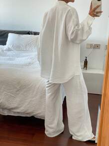 Livesso 新款宽松休闲长袖上衣，夏季女士加大码套装商务装 - 米色 - 查看 2