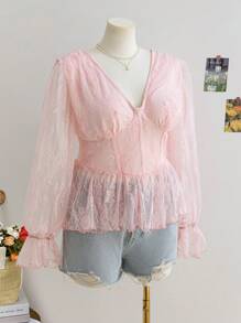 Soleia Plus Size Women Vacation Autumn/Winter Valentine's Day Pink Lace V-Neck Flare Sleeve Asymmetrical Hem Blouse/Shirt - Pink - View 7