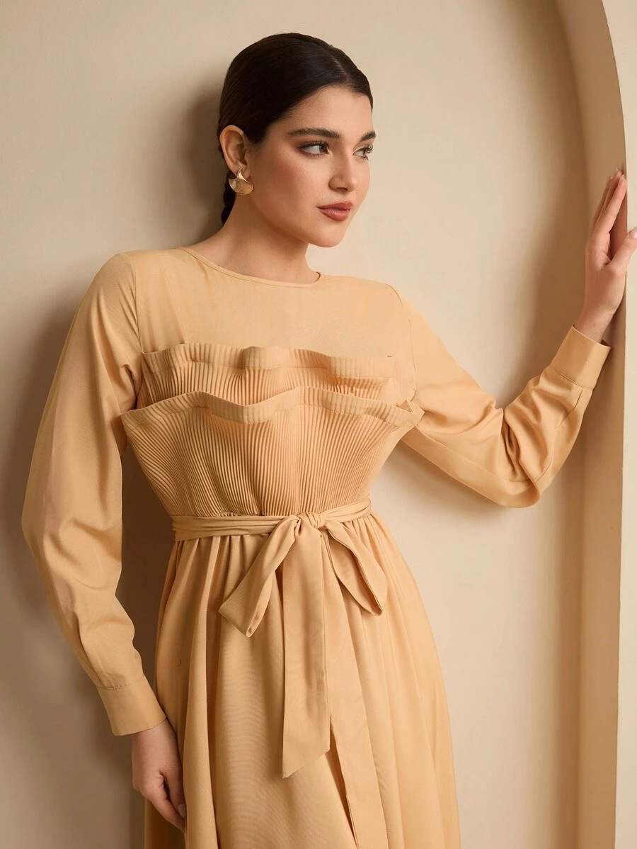 Graceveil Women's Round Neck Pleated Elegant Conservative Arabic Style Dress, Suitable For Daily Wear