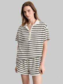 Ontre 2pcs Women Stripe Polo Collar Short Sleeve Top And Shorts Set, Casual Knit Suit Combo Outfit, Spring/Summer