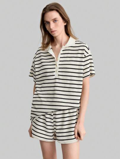 SHEIN X Scot Louie Ontre 2026春夏新款女士两件套，条纹Polo领短袖上衣和短裤，休闲针织短裤和上衣夏季套装，优雅女士度假套装，女士运动套装，休闲女士套装，复古度假风时尚百搭女士两件套