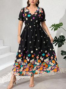 SHEIN Clasi Plus Size Women's Contrast Lace Short Sleeve Graphic Print Holiday Dress, Romantic Dress, Elegant Dress, Women's Spring Clothing, Bohemian Dress