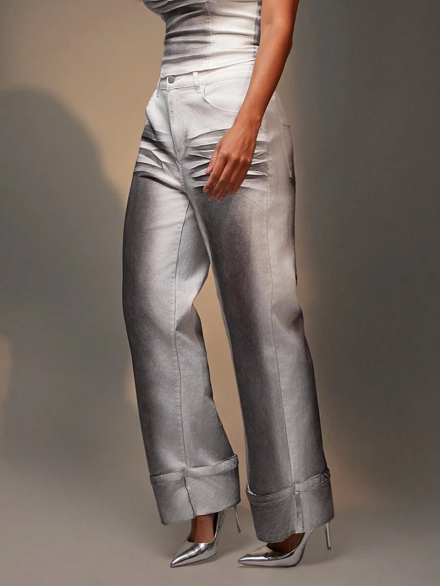 Denimoi 时尚金属洗水渐变色牛仔裤 - 白色 - 查看 1