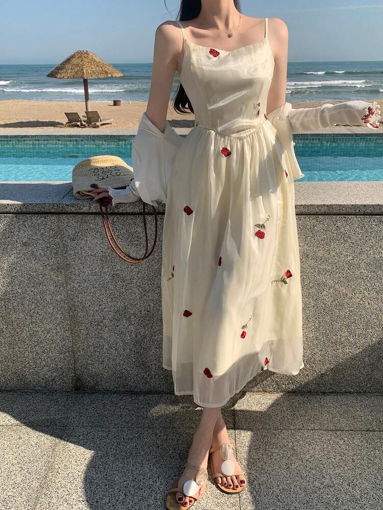 Women Elegant Floral Embroidery Cami Midi Dress Summer Sundress,Casual Women Dresses