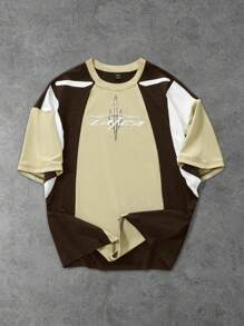 Manfinity Streetrush Camiseta de manga corta casual para hombre con bloque de color contrastante y estampado de letras, de cuello redondo y holgada, de parches, para uso diario y casual, regalo para vacaciones, para todas las estaciones y para ir y venir del trabajo