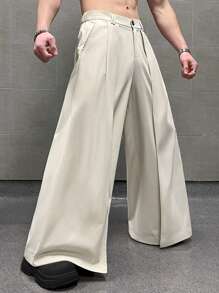 Claim Dot Layered Design Casual Loose Wide Leg Pants For Men, Japanese Style, Fall - Beige - View 4
