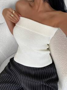 INAWLY Solva Women Casual Minimalist Solid Color Tube Top Knit Pullover Fall Winter - White - View 3