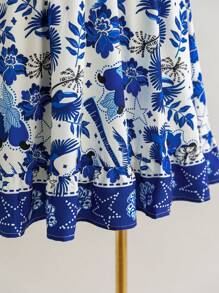 Soleia Plus Size Women's Holiday Blue & White Patterned V-Neck Wood Button Accent Fit & Flare Mini Dress - Multicolor - View 3