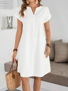 EMERY ROSE Women's Solid V-Neck Short Sleeve Casual Mid-Length Dress - White - View 7