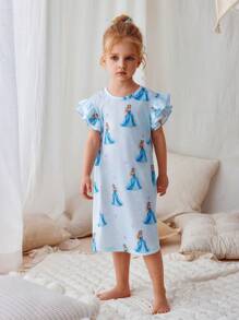 Jong meisje' Elegante Casual Schattige Blauwe Prinses Meisje Sneeuwvlok Ruffle Trim Lange Mouw Nachthemd Loungewear