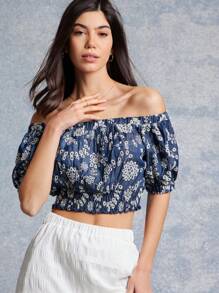 WESTFADE Top corta con hombros al descubierto, mangas abullonadas y ojetes con estampado floral para primavera y verano
