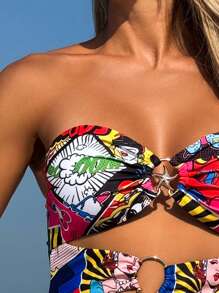 SHEIN Swim 女士卡通印花高弹力连体性感泳衣夏季度假海滩派对度假 - 彩色 - 查看 4
