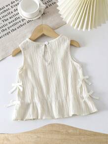 SHEIN Playful Pals Baby Girl Infant Toddler 0-3 Years Old Spring/Summer Casual Everyday Outing Textured Knit Wave Striped Beige/Almond Sleeveless Top With Side Bow
