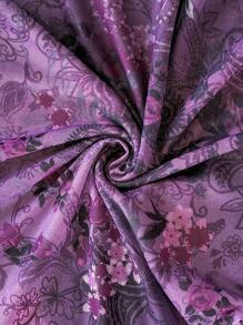 Soleia Váy mini họa tiết hoa cổ điển cho nữ, tay dài, viền bất đối xứng, có chi tiết xếp nếp, vải lưới dệt kim - Màu tím - Xem 7