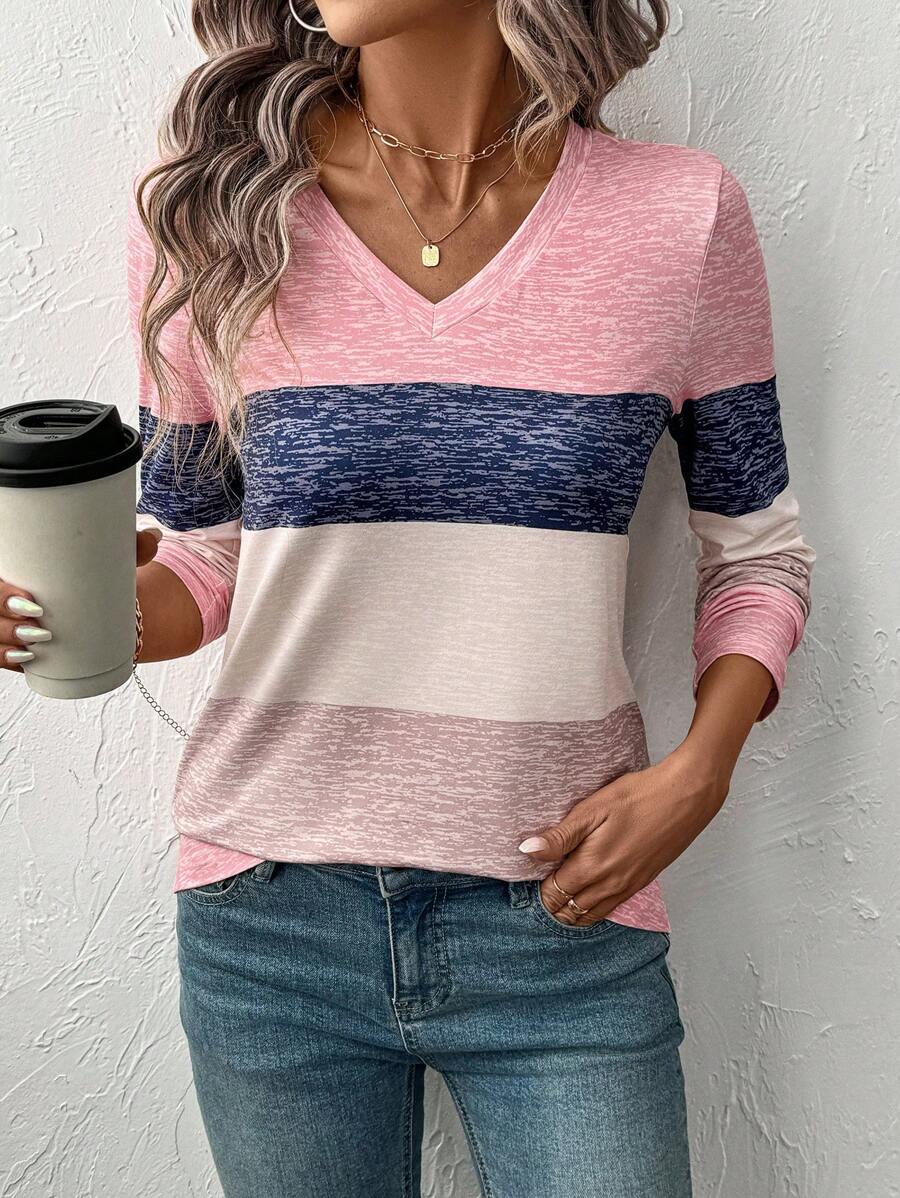 EMERY ROSE Shiny Striped Print V-Neck Long Sleeve T-Shirt Graphic Tees Women Tops For Spring - Multicolor - View 1