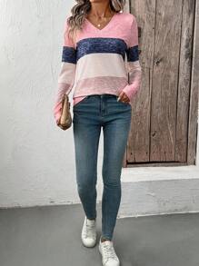 EMERY ROSE Shiny Striped Print V-Neck Long Sleeve T-Shirt Graphic Tees Women Tops For Spring - Multicolor - View 6